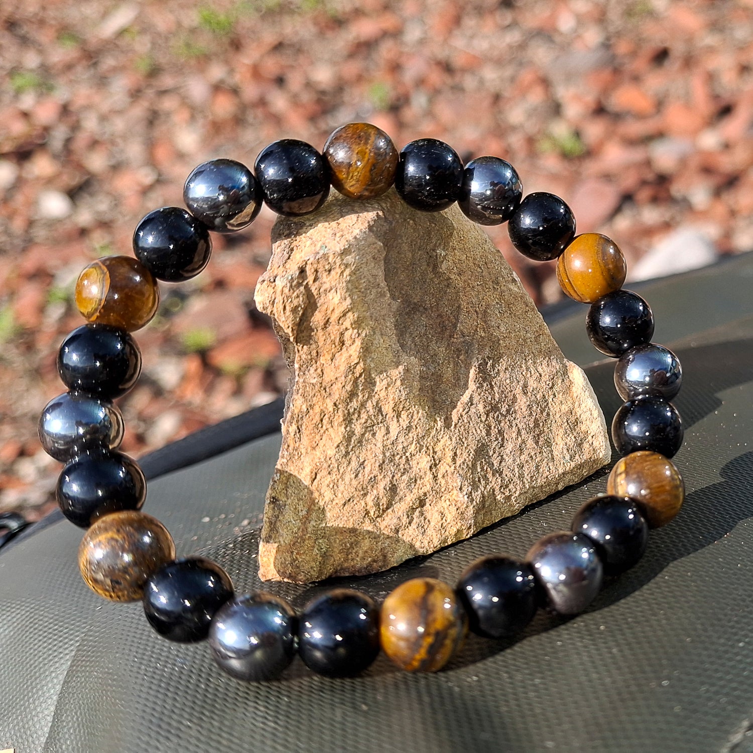 Pulsera de ojo de tigre, hematita y obsidiana